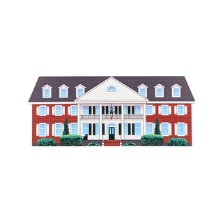 3/4" thick wooden replica with an illustration of a large red and white house with a dark roof, white columns, blue trim, and green shrubs, centered on a plain white background.