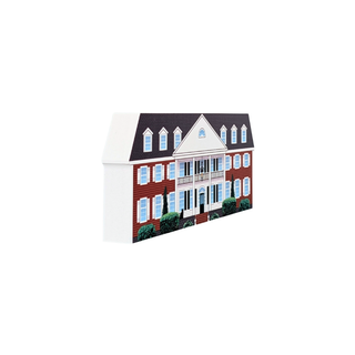 3/4" thick wooden replica with an illustration of a red brick house with white trim, blue shutters, a dark roof, and green bushes, shown against a plain white background.