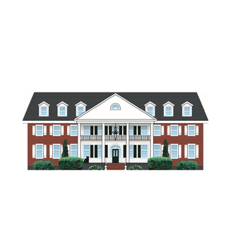 3/4" thick wooden replica with an illustration of a  large two-story house with red brick exterior and white trim.