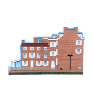 3/4" thick wooden replica with an illustration of a  two-story brick building with white windows and a blue outline on a white background.