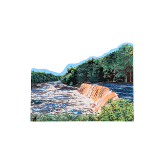 A landscape art print depicting a scenic waterfall flowing into a river, surrounded by green trees and blue mountains under a white background.