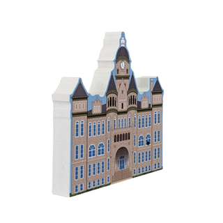 3/4" thick wooden replica with an illustration of a large stone building, shown on a plain white background.