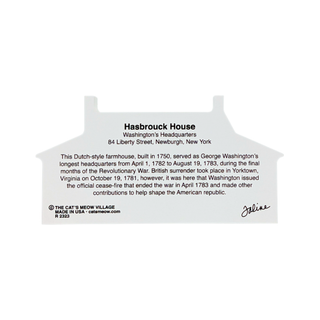 back of product Hasbrouck House, featuring printed historical text about Washington's headquarters and a small cat logo, shown on a plain white background.
