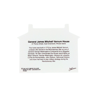 back of product featuring black printed text about General James Mitchell Varnum House and a small signature at the bottom right. The sign is centered on a plain white background.