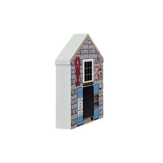 3/4" thick wooden replica with an illustration of a gray shingled exterior, blue shutters, a black front door, a white roof, and lobster and American flag decorations, shown on a plain white background.