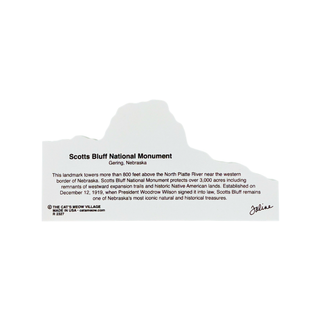 back of product featuring the text 'Scotts Bluff National Monument' and descriptive text about Gering, Nebraska, on a plain white background.