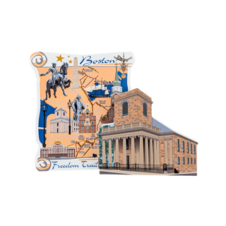 3/4" thick wooden replica with an illustration of a collage-style map with the word Boston, a horse-and-carriage statue, landmarks, and a large architectural building on the right side, shown on a plain white background.