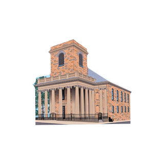 3/4" thick wooden replica with an illustration of a brick building with a prominent columned portico, a central tower, and a gray roof, isolated on a white background.