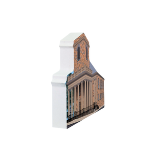 3/4" thick wooden replica with an illustration of a a brick building with columns and a tower, shown on a plain white background.