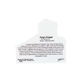 3/4" thick wooden replica with an illustration of a black silhouette of a person and text identifying King's Chapel in Boston, Massachusetts, with a small signature at the bottom right.