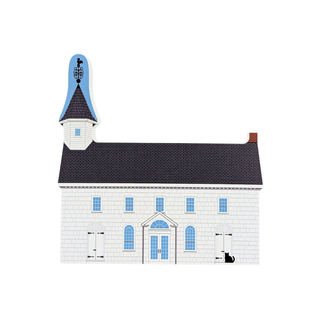 3/4" thick wooden replica with an illustration of a white brick church building with a dark gray roof, blue windows, and a blue steeple, shown on a plain white background.