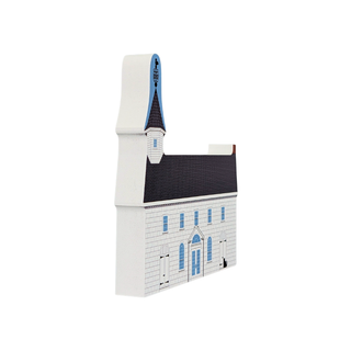 3/4" thick wooden replica with an illustration of a white church with a dark gray roof and blue accents, shown on a plain white background.