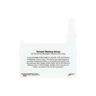 back of product with text about the Tennent Meeting House in New Jersey, featuring black text and a small signature.