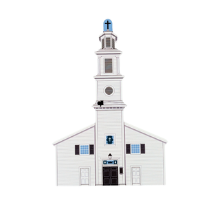 3/4" thick wooden replica with an illustration of a white church building with a tall white tower, blue cross on top, black shutters, and a black double door, centered on a plain white background.