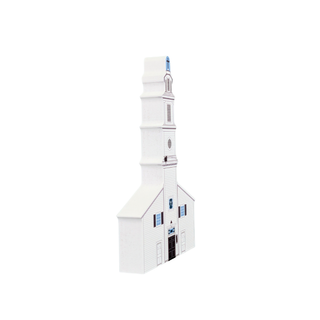 3/4" thick wooden replica with an illustration of a white church model with a tall steeple, detailed windows, and a small blue-roofed cupola, isolated on a solid white background.