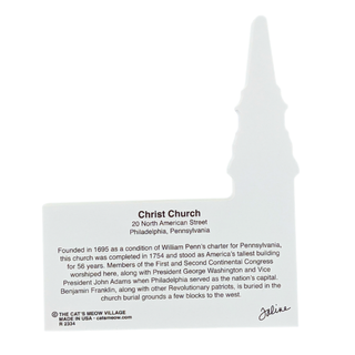 back of product featuring text about the 'Christ Church' with address and historical text, and the spire has a printed cross design near the top.
