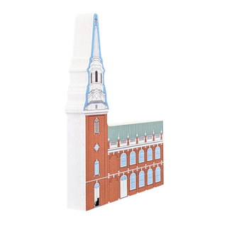 3/4" thick wooden replica with an illustration of a historic red brick church with a white steeple and blue trim, shown on a plain white background.