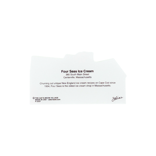 back of product with black printed text for Four Seas Ice Cream, including the address in Centenata, Massachusetts, on a plain white background.