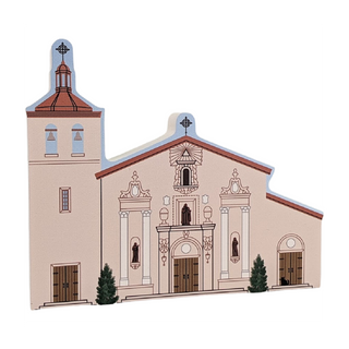 3/4" thick wooden illustration of a church building with decorative elements on a white background