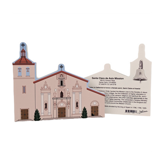3/4" thick wooden illustration of Santa Clara de Asis Mission with bell and back model with text on a white background