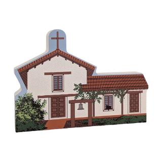 3/4" thick wooden illustration of a church on a white background