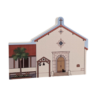 3/4" thick wooden illustration of a church on a white background