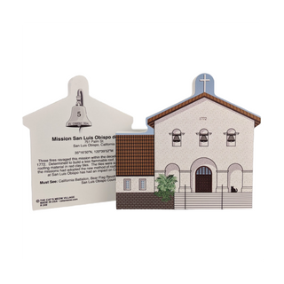 3/4" thick wooden miniature model of a church and a back with text on a white background