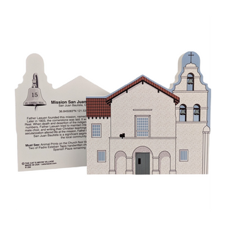 3/4" thick model of Mission San Juan Bautista with bell and descriptive text on a white background