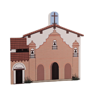 3/4" thick wooden model of a brick church on a white background