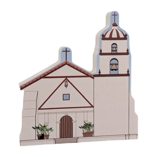 3/4" thick wooden illustration of a church on a white background