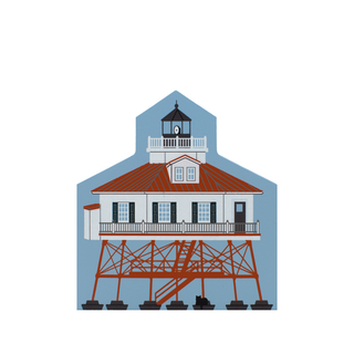 3/4" thick wooden replica with an Illustration of  a lighthouse on a white background