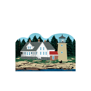 3/4" thick wooden replica with an Illustration of a lighthouse design on a white background