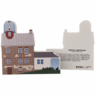 3/4" thick wooden replica with an Illustration of a lighthouse design on a white background