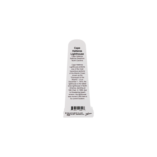 back of product White lighthouse-shaped object with text on a white background