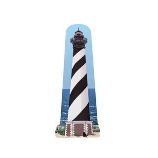 3/4" wooden replica with an illustration of a white and black striped Lighthouse on a white background