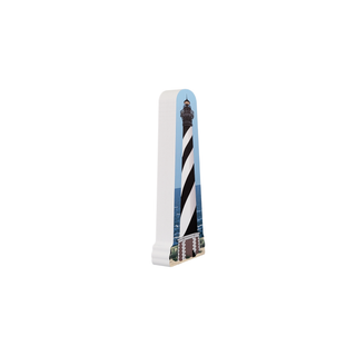 3/4" wooden replica with an illustration of a white and black striped lighthouse on a white background 