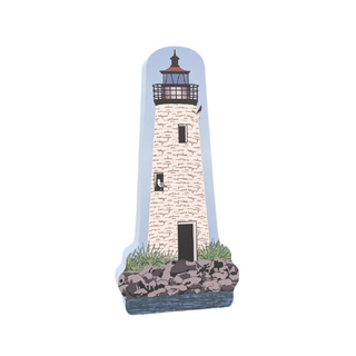 3/4" thick wooden replica with an Illustration of a lighthouse design on a white background