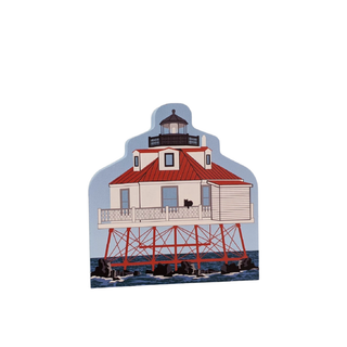 3/4" thick wooden replica with an Illustration of a lighthouse design on a white background