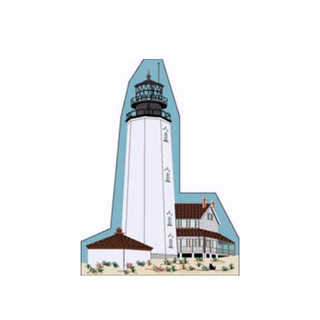 3/4" thick wooden replica with an Illustration of  a lighthouse with a surrounding area