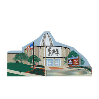 3/4" thick wooden cutout of the Pro Football Hall of Fame with a flag and entrance.