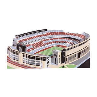 3/4" thick wooden replica with an illustration with a Model of a stadium on a white background