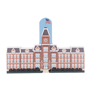 3/4" thick wooden replica with an illustration  of a brick building with a clock tower on a white background
