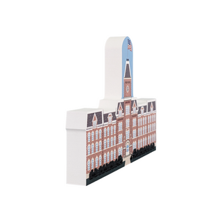 3/4" thick wooden replica with an illustration  of a brick building with a clock tower on a white background
