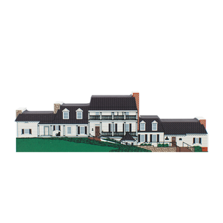 3/4" thick wooden cutout of  of a large house with a white exterior and black roof