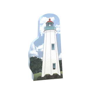 3/4" thick wooden replica with an Illustration of a lighthouse design on a white background