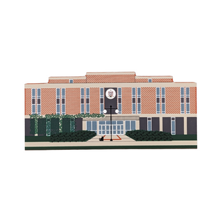 3/4" thick wooden replica with an Illustration of a brick building with a clock tower on a white background