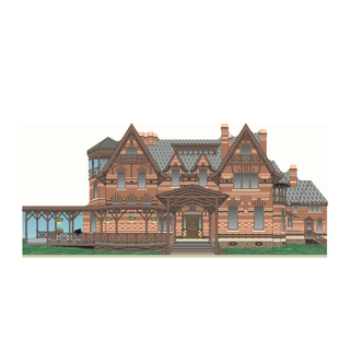 3/4" thick wooden Illustration of a large, ornate house with detailed architecture on a white background