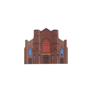3/4" wooden replica with an illustration of a brick building with a red door and blue windows on a white background
