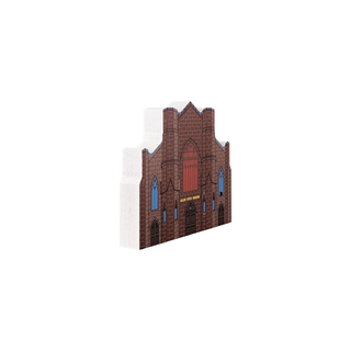 3/4" wooden replica with an illustration of a church building on a white background