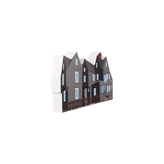 3/4" wooden replica with an illustration of a  dark gray house with blue sign house on a white background